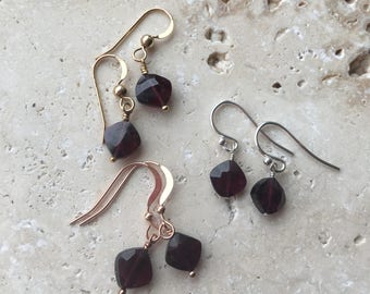 Cushion Cut Garnet Littles Earrings in Your Choice Sterling Silver, Rose Gold, Gold Filled, Gift, Minimalist, Delicate, Dainty