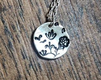 Hand Stamped Abstract Floral Pendant Necklace