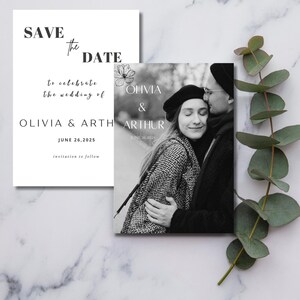 Modèle de toile d'invitation de mariage photo minimaliste, réservez la date à télécharger, cartes réservez nos dates modernes imprimables, 5 x 7, modifiable