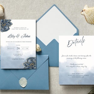 Elegant Blue Floral Wedding Invitation, Editable Wedding Invitation,Canva Template,Modern Wedding Invitation,DIY Wedding Printable