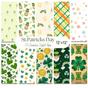 20 Seamless St. Patrick&#39;s Day Digital Paper Bundle, Shamrock Digital Scrapbook Paper, Green Scrapbooking Paper, Background,Irish Paper 12x12