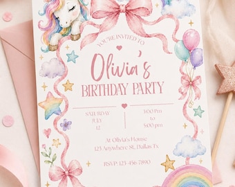 May include: A rectangular birthday party invitation card featuring a watercolor unicorn, rainbows, pink bows, balloons, clouds, and stars. The text reads: You're invited to Olivia's Birthday Party, Saturday July 12, 3:00 Pm to 5:00 Pm, At Olivia's House 123 Anywhere St, Dallas Tx, Rsvp: 123-456-7890.