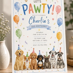 May include: A rectangular birthday invitation card featuring watercolor illustrations of seven dogs wearing party hats. The text reads: LET'S PAWTY! JOIN US TO CELEBRATE Charlie's 3RD BIRTHDAY SATURDAY JUNE 28 @ 2:00 PM 123 PUPPY LANE ANYTOWN, ST 78652 RSVP: 123-456-7890.