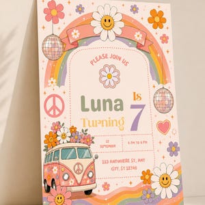 May include: A birthday invitation card featuring a retro theme with a pink van, rainbow, disco balls, and smiley face flowers. The text reads: Please join us, Luna is turning 7, 12 September, 4 PM to 6 PM, 123 Anywhere St., Any City, ST 12345.