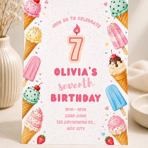 May include: A rectangular birthday invitation card featuring a white background with colourful ice cream cones, popsicles, and sprinkles. The text reads: JOIN US TO CELEBRATE, 7, OLIVIA'S seventh BIRTHDAY, 1PM-4PM, 23RD JUNE, 123 ANYWHERE ST., ANY CITY.