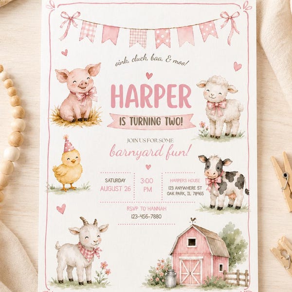 Bewerkbare uitnodigingssjabloon voor een tweede verjaardag met als thema 'Oink Cluck Baa Moo Barnyard Farm Animals'