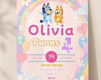 ブルーイ4歳の誕生日招待状テンプレート | このブルーイのエピソードのタイトルは | 編集可能なCanva招待状 | パステルブルーイパーティー招待状