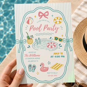 May include: A rectangular pool party invitation card with a light blue striped background and a decorative teal border. The text reads: Please join us for a Pool Party, hosted by The Williams, July 12 at 4:00 PM, 123 Emerson Avenue, Arlington TX.