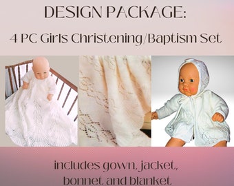Traditional Christening Pattern Set for a Baby Girl. Complete Outfit includes Gown, Jacket, Bonnet, and Matching Blanket. Size 0 to 6 months