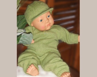 Knitting Pattern for a Baby's Complete Outfit Includes Long Sleeve Crew Neck Sweater, Drawstring Pants, and Ball Cap. Sizes 3, 6, & 9 months