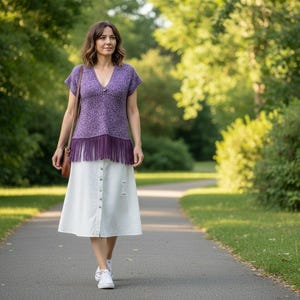 Patrón de punto: Top con cuello en V, suéter estilo boho con mangas mariposa y flecos opcionales, corte ajustado y elegante (tallas S-XL) (patrón en PDF)