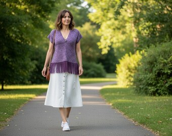 Knitting Pattern: V-Neck Top, Boho Style Sweater with Butterfly Sleeves and Optional Fringe, Sleek Form Fitting (Sizes S-XL) (PDF Pattern)