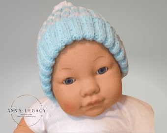 Knitting Pattern Toboggan Striped Hat for a Baby to Toddler. Warm Hat with Blue and White Stripes. Kid's Outerwear. Sizes 1, 2, 3, and 4