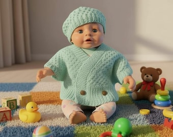 Baby Cardigan and Beret Knitting Pattern: Cabled Vest, French Design (PDF Pattern)