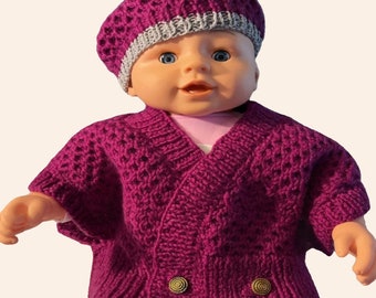 Hand Knit Baby Outfit Button Down Mesh Cabled Vest and French Beret in an Eggplant Purple Color, Gray Trim. US Size 6 months. Ready to Ship