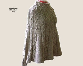 Knitting Pattern Cascading Cables Poncho with Ribbed Wrist Cuffs. Womens Aran Style Pullover Cape. Warm Comfortable Outerwear Size S/M, L/XL