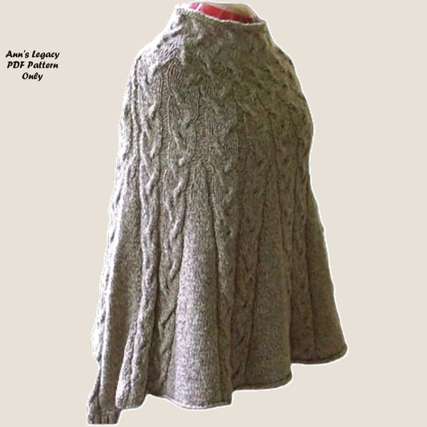 Knitting Pattern Cascading Cables Poncho with Ribbed Wrist Cuffs. Womens Aran Style Pullover Cape. Warm Comfortable Outerwear Size S/M, L/XL