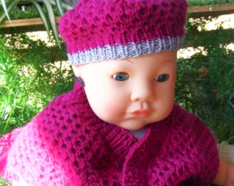 Handmade Knit Baby Girl's Cabled French Beret and Vest Set in Eggplant Shade of Purple. Baby Stylish Outerwear. Sweater Set - Size 6 Months