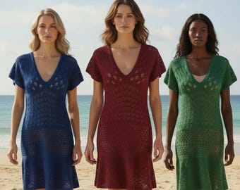 Lace Beach Cover-Up Knitting Pattern: V-Neck Vacation Dress (PDF Pattern)