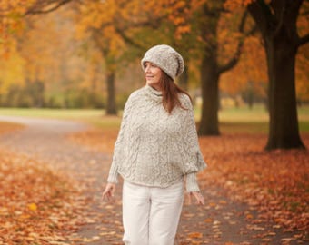 Hand Knit Cascading Cables Poncho & Hat Set - Beige Multi - Size Medium