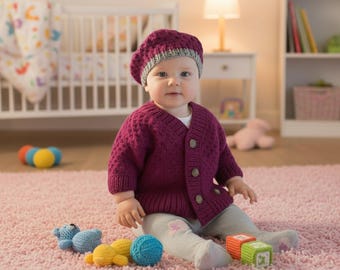 Hand Knit Baby Cardigan & Beret Set: Purple, Open Cable Knit, 6-9 Months