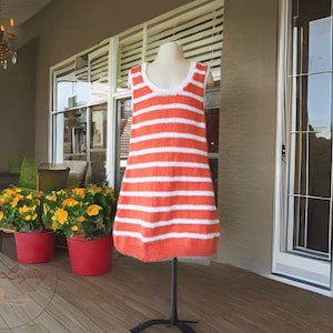 Knitting Pattern Girl&#39;s A-Line Tank Style Striped Dress. Lightweight Spring to Summer Knee Length Shell Dress. Sleeveless Dress Size 4, 6, 8