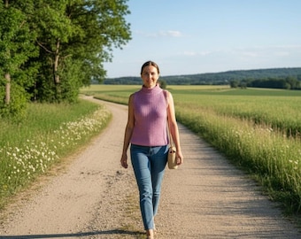 Sleeveless Fisherman's Rib Top Knitting Pattern: Roll Collar, XS-XL (PDF Pattern)