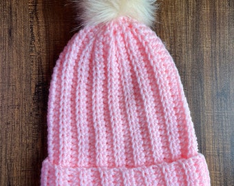 Beanie with Folded Brim and Pom Pom. Adult Size Handcrafted Crocheted Hat. Slouchy Length Hat. Soft Warm Textured Ski Cap. Assorted Colors.