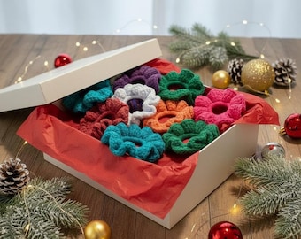 Crocheted Scrunchies Gift Box, Soft Cotton/Acrylic Blend Yarn, Multi-Color Set of 6