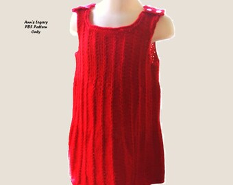 Knitting Pattern Girl's Sleeveless A-Line Tank Dress. Classic Jumper Style Dress with Relaxed Ribbing. Sizes 12month, 18 month, 2T, & 4T