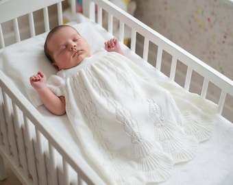 Hand Knit Christening Gown, Tiered Lace Baby Baptism Blessing Day Dress, Cotton Blend Heirloom Gown