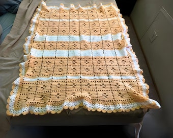 Handcrafted Peach and White Midwife Inspired Blanket, Size 40" x 45". Teardrop Lace Blocks, Ruffled Shell Border. Cotton/Acrylic Blend Wool.