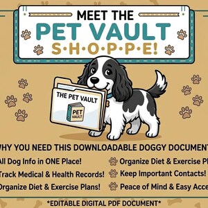 Könnte beinhalten: Eine digitale Dokumentenwerbung mit einem schwarz-weißen Zeichentrick-Spaniel, der einen Ordner mit der Aufschrift THE PET VAULT hält. Der Text lautet MEET THE PET VAULT SHOPPE und listet Vorteile wie medizinische Aufzeichnungen und Diätpläne auf.