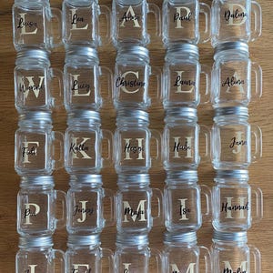Schnapsglas personalisiert, Pinnchen, JGA, Mannschaftsfahrt, Gastgeschenk Hochzeit, Name, Henkel, Deckel