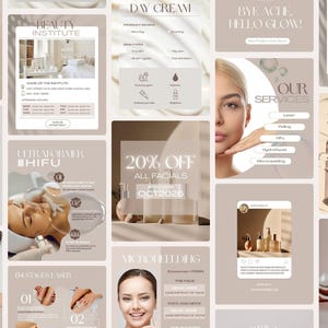 Peut inclure: Un collage de matériel promotionnel pour la beauté et les soins de la peau. L'image comprend des publicités pour les soins du visage, les routines de soins de la peau et les traitements de beauté. La palette de couleurs est neutre avec des tons beige et marron, et le texte comprend "20% OFF ALL FACIALS OCT2026".