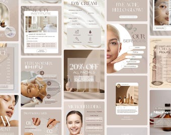 85 Instagram-sjablonen voor huidverzorging (Engels en Frans, Canva), Instagram-berichten en -stories voor esthetische tijdschriften, sjabloon voor schoonheidsspecialisten