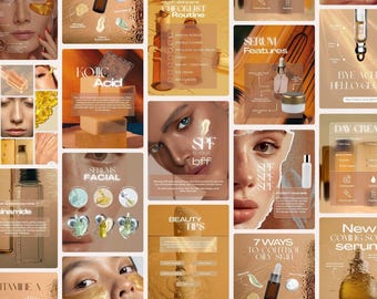 90 Canva-sjablonen in het Engels en Frans voor Instagram, speciaal voor huidverzorging. Redactionele Instagram-posts en -stories over huidverzorging.