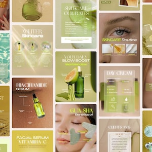 Peut inclure: Un collage de publicités pour des produits de soin de la peau. Les images présentent des sérums, des crèmes et des traitements faciaux. La palette de couleurs est principalement verte et dorée, avec des images de visages et d'ingrédients. Le texte comprend "Skincare", "Serum", et "Glow Boost".