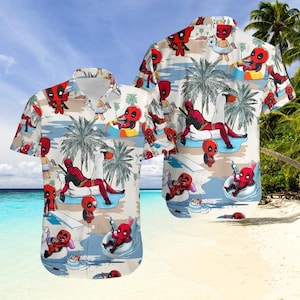 May include: Short-sleeved button-up shirt featuring a repeating pattern of Deadpool characters relaxing on a beach. The design includes palm trees, beach scenes, and Deadpool figures in various poses, with a light blue and white background.