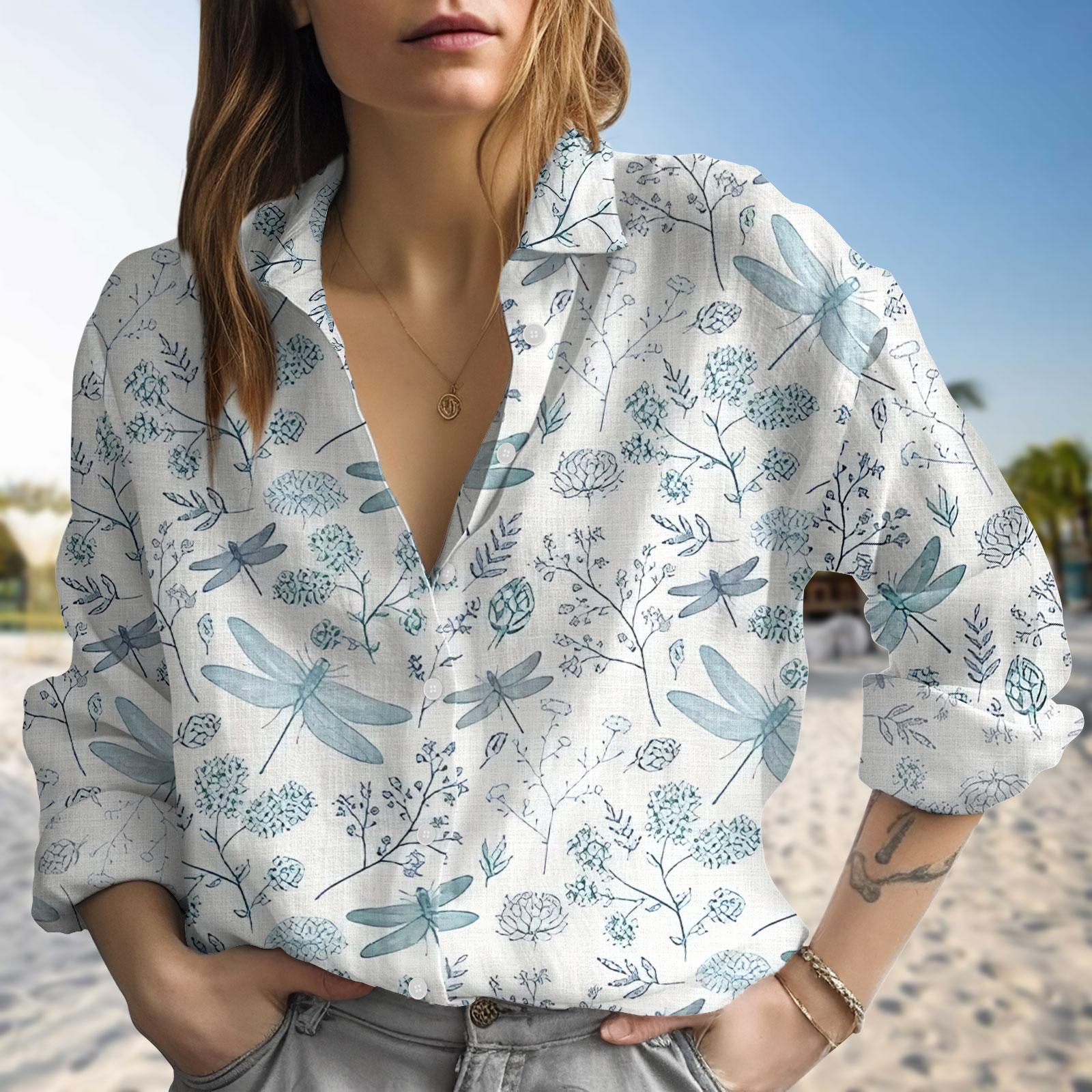 floral-dragonfly-blouse-shirt-garden-botanical-print-top-cute-nature