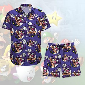 Waluigi Hawaii Shirt / Shorts, Super Mario Waluigi Knopf Shirt, Super Mario Bros Shirt, Waluigi Strand Shirt, Waluigi Urlaub Shirt