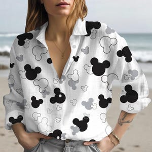 Mickey Mouse Blouse Shirt, Mickey Logo Pattern Women Shirt, Disney Pattern Casual Blouse, Disney Mickey Button Down Shirt