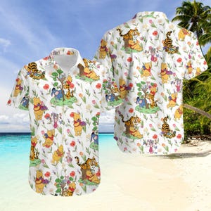 Camicia con bottoni floreali di Winnie the Pooh, camicia hawaiana con Tigro e Ih-Oh, camicia con cartoni animati per le vacanze in giardino, camicia estiva Disney