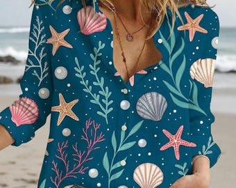 Teal Sea Life Women Shirt, Starfish Seashell Blouse Shirt, Nautical Ocean Print Top, Summer Beach Vacation Gift for Ocean Lover