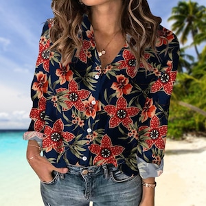 Red Floral Linen-Look Shirt, Blouse Women Shirt, Tropical Beach Shirt, Summer Vacation Gift For Women