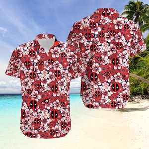 Camisa hawaiana floral de Deadpool, camisa con botones para vacaciones de verano, divertida camisa de cómic de verano para hombres y mujeres