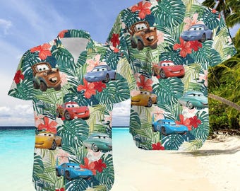 Cars Movie Hawaiian Shirt, Lightning McQueen Beach Button Shirt, Disney Pixar Floral Summer Outfit, Gift for Car Fans