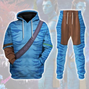 May include: A blue hoodie and matching pants set with a pattern of blue stripes. The hoodie has a brown sleeve and a strap across the chest. The pants have a brown panel at the top.