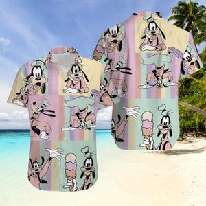 Camisa hawaiana con dibujos animados divertidos, camisa hawaiana con personajes de Disney en tonos pastel, camisa divertida de verano, camisa con botones para vacaciones