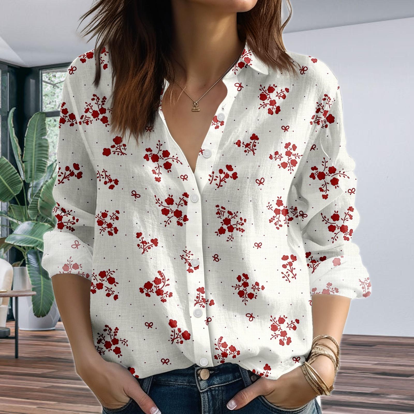 Discover Red Floral Women's Casual Blouse, Romantic Button-Up Top, Vintage Inspired Summer Shirt, Gift for Her